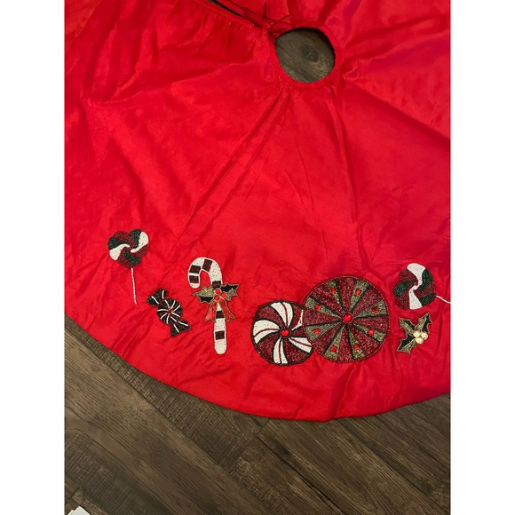 Vickerman Red Christmas Tree Skirt with Candy Cane, Lollipops, Beaded Decoration - Picture 3 of 6